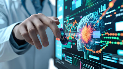 Technology ai. Big data technology and data science. Data scientist querying, analyzing and visualizing complex set on virtual screen. Data flow concept. Neural networks, artificial intelligence, ML.