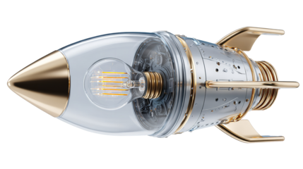 A rocket ship of bright ideas taking flight powered by imagination on transparent background