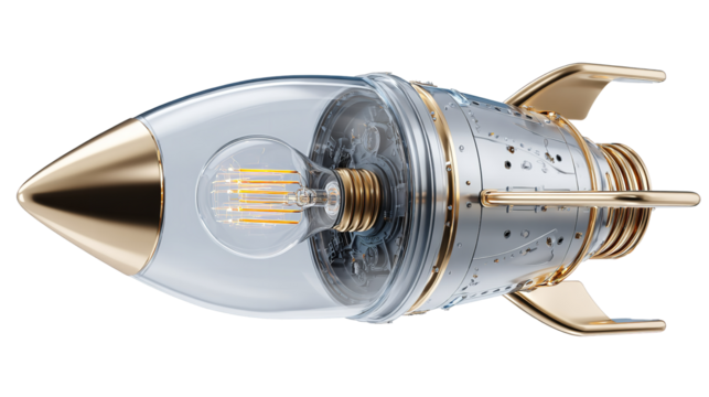 A rocket ship of bright ideas taking flight powered by imagination on transparent background
