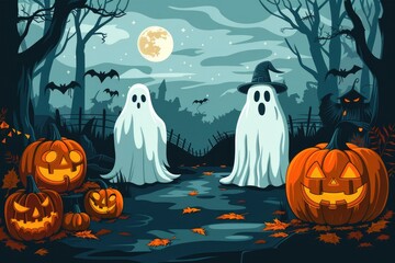 Halloween scene with ghosts and pumpkins.