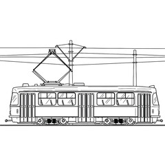 Vintage tram with pantograph and overhead wires streetcar public