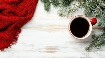 This cozy winter-themed image shows a red coffee cup, a bright red knitted scarf