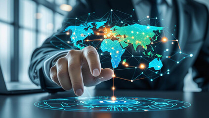 Fototapeta premium Technology ai. Big data technology and data science. Data scientist querying, analyzing and visualizing complex set on virtual screen. Data flow concept. Neural networks, artificial intelligence, ML.