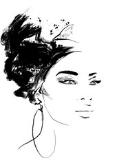 A collection of six high-contrast fashion-style illustrations of female faces and figures, designed with bold black brushstrokes and minimalistic aesthetics. One illustration features a pop of pink