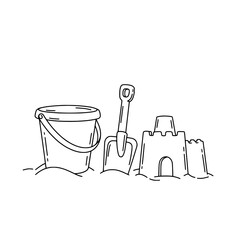 Sandcastle Dreams:A simple monochrome line drawing of a sandcastle beside the bucket and spade evokes a sense of nostalgic summer fun, inviting imaginative stories of beach days.