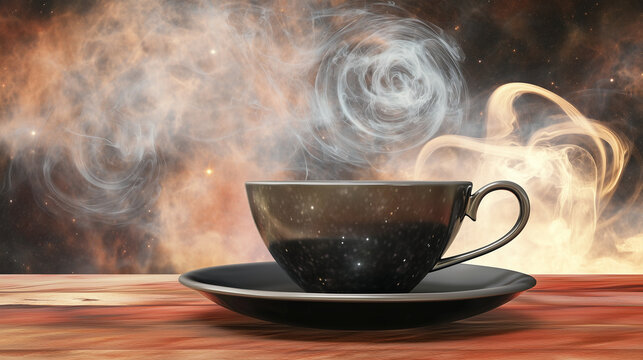 Surreal cup of coffee with swirling cosmic patterns inside, representing the hidden effects of daily ritual.