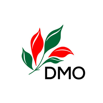 DMO Modern Leaf Logo Design with Red and Green Colors, DMO Later Logo, Nature Inspired Minimalist Logo Template, Professional Plant Logo for Business Branding.
