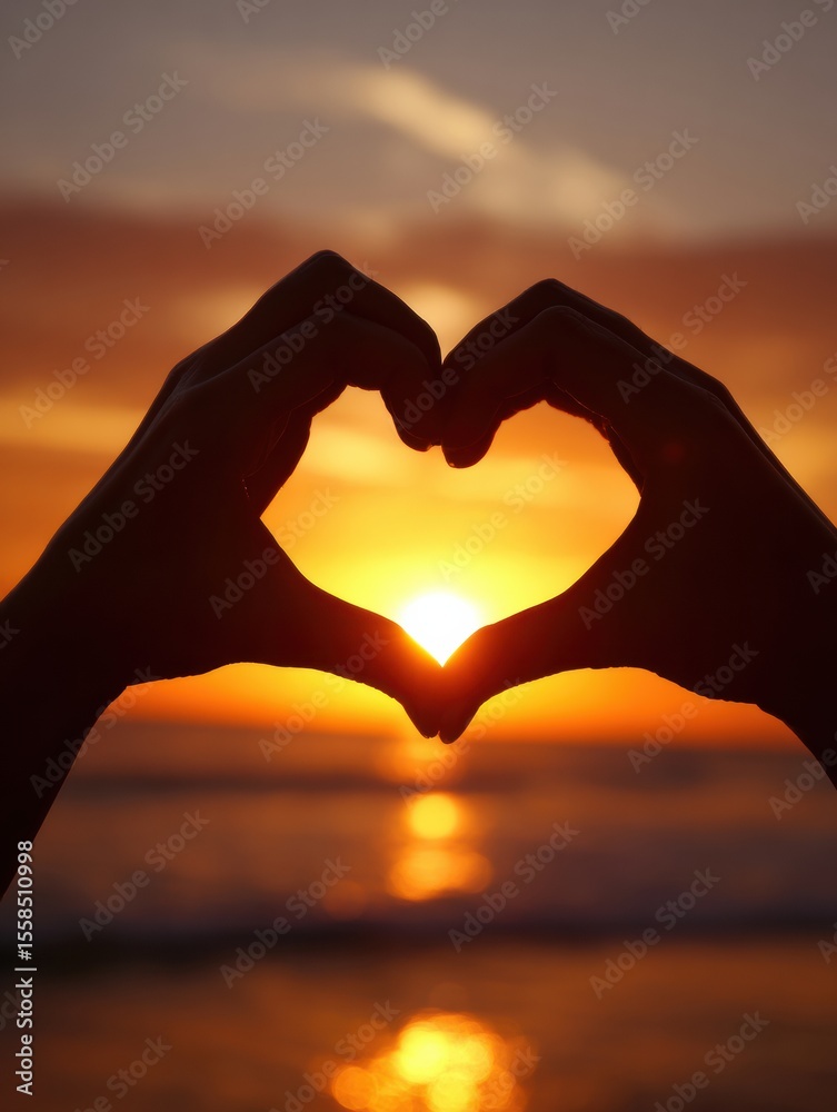 Poster Hands Creating a Heart Shape Against the Backdrop of a Vibrant Sunset on the Horizon at a Beach