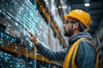Warehouse worker using digital technology augmented reality for inventory management system - Powered by Adobe