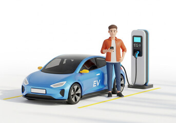 3D icon style of a futuristic electric vehicle (EV) connected to a modern charging station, with a smiling young man standing next to the car holding a smartphone, tech-savvy look.