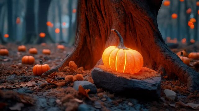 Explore a misty forest dotted with glowing pumpkins for a magical feel. Paranormal story