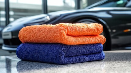 Two ultra-absorbent microfiber towels, one orange and one blue, are neatly stacked on a polished surface