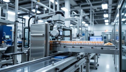 Fototapeta premium Automated packaging process manufacturing facility industrial equipment clean environment close-up view technology innovation
