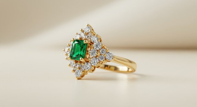 Gold ring with emerald and diamonds isolated on white background - Powered by Adobe
