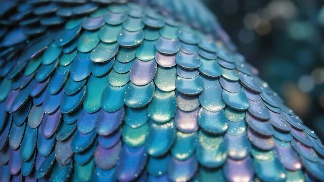 Closeup of iridescent blue and green fish scales in natural light  
