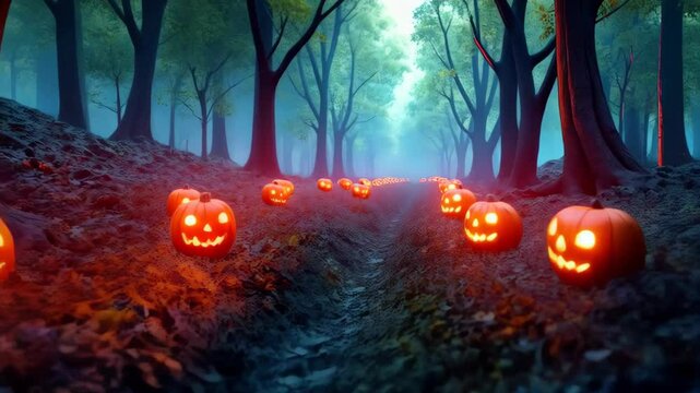 Paranormal legends about visit a magical pumpkin patch lit by carved jack-o'-lanterns in the forest