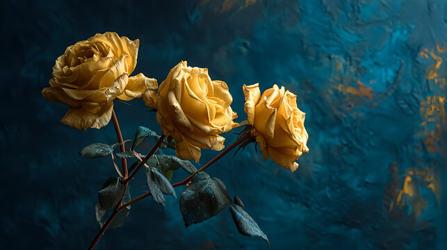 Still life photography of three yellow roses on a textured blue background - Powered by Adobe
