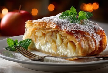 Freshly Baked Apple Strudel with Creamy Filling and Mint Garnish Served on a Plate Surrounded by Warm Twinkling Lights and an Apple in Background