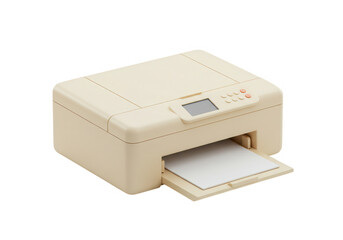 Beige printer with a blank sheet of paper isolated on transparent background