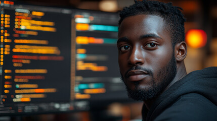 Focused programmer at night in office, lines of code on monitor