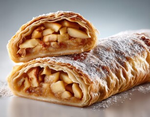 Freshly Baked Apple Strudel with Flaky Dough and Powdered Sugar on Grey Background, Close-Up of Sweet Pastry Dessert for Culinary Display