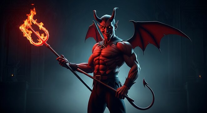 Red demon with wings holding a trident