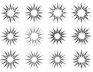 Set of black line art comic book style radial bursts