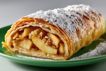 Freshly Baked Apple Strudel with Flaky Pastry and Powdered Sugar Garnish on Green Plate