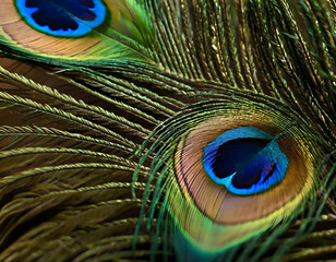 Obraz premium Abstract peacock feather, macro close up. Vivid exotic bird feather texture background. close-up of peacock feather background