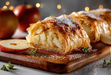 Freshly Baked Apple Strudel with Flaky Pastry and Sweet Apple Filling on Wooden Board Surrounded by Red Apples and Sugar Dust