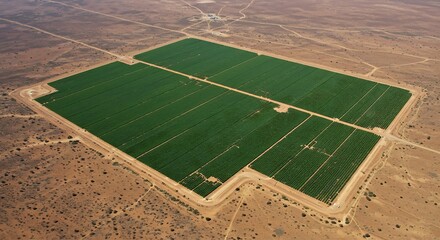 砂漠に広がる緑豊かな農地 鳥瞰図 鮮やかなコントラスト