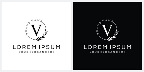 Initial letter V cosmetics fashion logo design, serif font graphic icon, leaves nature symbol concept