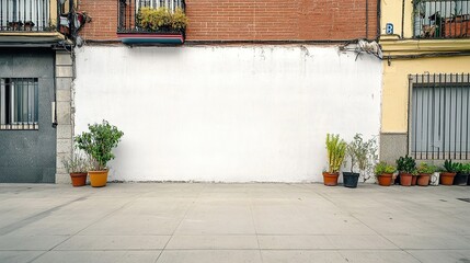 Urban scene featuring a white wall backdrop lined with potted plants and windows of adjacent buildings.