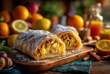Freshly Baked Apple Strudel with Flaky Pastry Surrounded by Citrus Fruits and Nuts in a Cozy Kitchen Setting