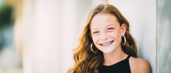 Fototapeta premium The cheerful girl with freckles and braces smiling joyfully in a natural setting.