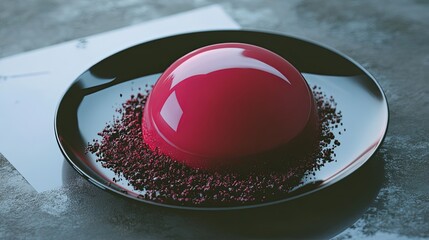 Raspberry mousse dome, mirror glaze, fine texture, minimalist plate.