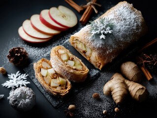 Freshly Baked Apple Strudel with Ginger and Cinnamon, Garnished with Powdered Sugar and Decorative Elements, Perfect for Seasonal Celebrations and Desserts