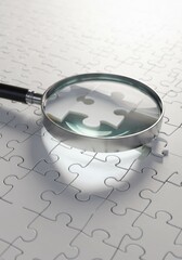 拡大鏡で探す白いジグソーパズルピース 鮮明な光で照らされ精密に配置