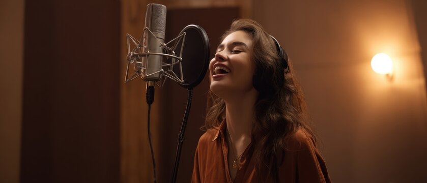 The joyful singer passionately performing in a professional recording studio environment.