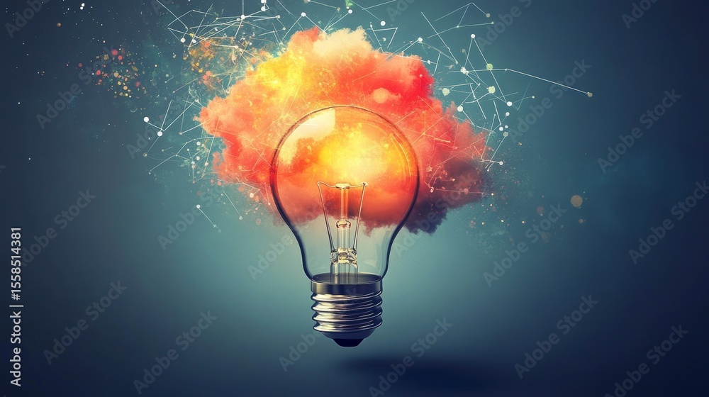Poster glowing lightbulb with a fiery cloud inside, symbolizing innovation and creativity.