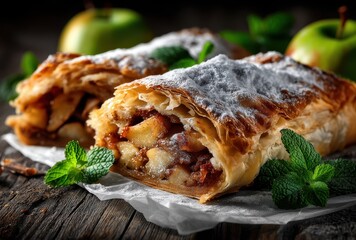 Freshly Baked Apple Strudel with Green Apples and Mint Leaves on Rustic Wooden Table, Perfect for Dessert Lovers and Culinary Enthusiasts