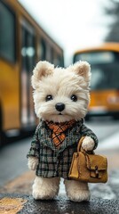 Dog Plush in Plaid Jacket with Handbag