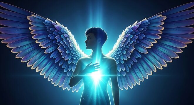 Man silhouette with glowing blue wings
