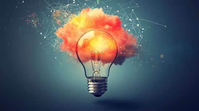 Glowing lightbulb with a fiery cloud inside, symbolizing innovation and creativity.