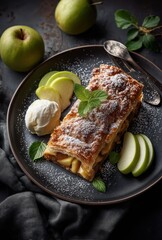 Freshly Baked Apple Strudel with Ice Cream and Mint Garnish Served on a Dark Plate Surrounded by Green Apples and Mint Leaves in Natural Light
