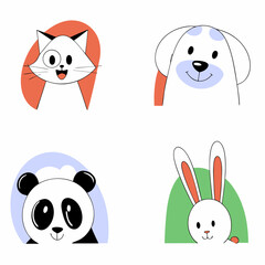 Adorable cartoon animals cat dog panda and bunny simple illustration