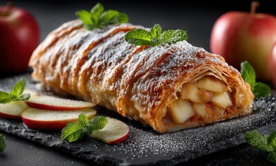 Freshly Baked Apple Strudel with Mint Garnish on a Slate Plate Surrounded by Red Apples and Sliced Green Apples in a Dark Setting