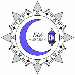 Elegant eid mubarak design featuring crescent moon and lantern in a mandala style.