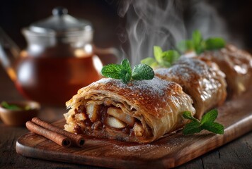 Freshly Baked Apple Strudel with Mint Garnish and Cinnamon on a Rustic Wooden Board with Steam Rising from the Delicious Dessert
