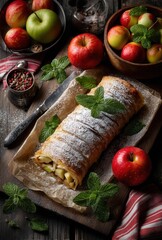 Freshly Baked Apple Strudel with Mint Garnish Surrounded by Red and Green Apples on Dark Wooden Table with Rustic Elements